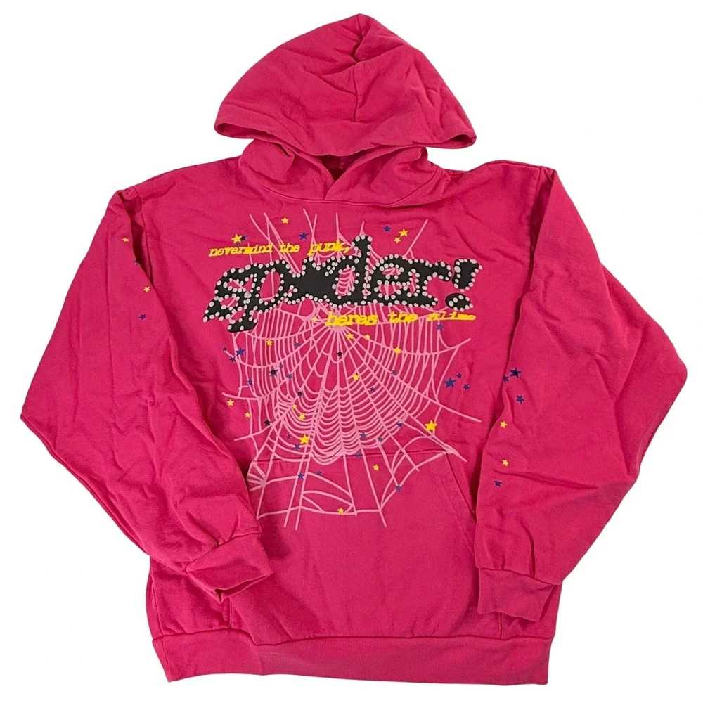 Sp5der Worldwide Pink Punk Hoodie Spider Web Star Graphic Large